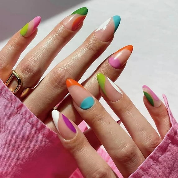Press on Nails Medium Almond Shaped Fake Nails Full Cover Glue Stick on Nails for Women Colorful Almond A02 1 Count (Pack of 1)