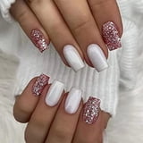 Press on Nails Medium Length Square Fake Nails Pink and White Acrylic ...