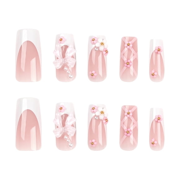 Press on Nails Medium Long DIY Craft Pink False Nails Square 3D Flower Bowknot French Artificial Nails Finger Manicure