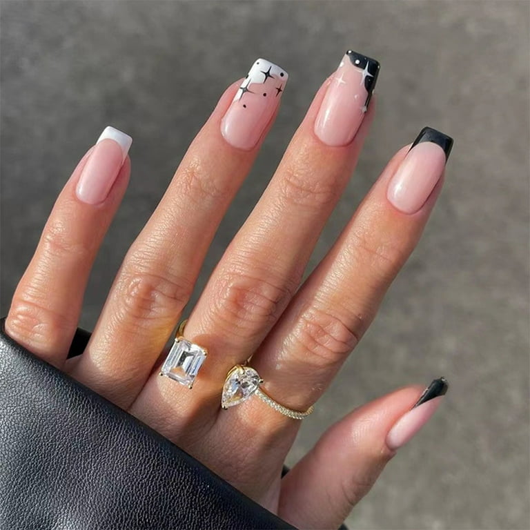 Press on Nails Short Coffin Square Ballerina Fake Nails Glossy White Black  French Tip Glue on Nails Full Cover False Nails for Women Girls 24Pcs -  Walmart.com