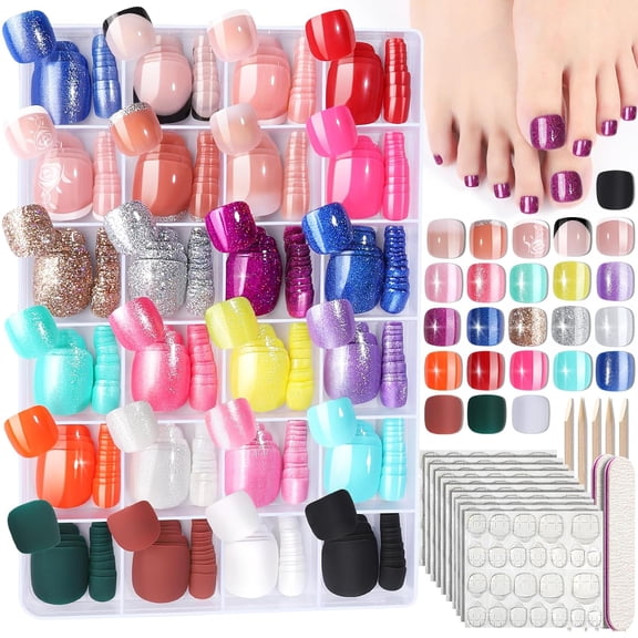 Press on Toenails, 24 Colors 576PCS Fake Toe Nails Short, French Tip Press ons, Glitter Glossy Matte for Nail Art
