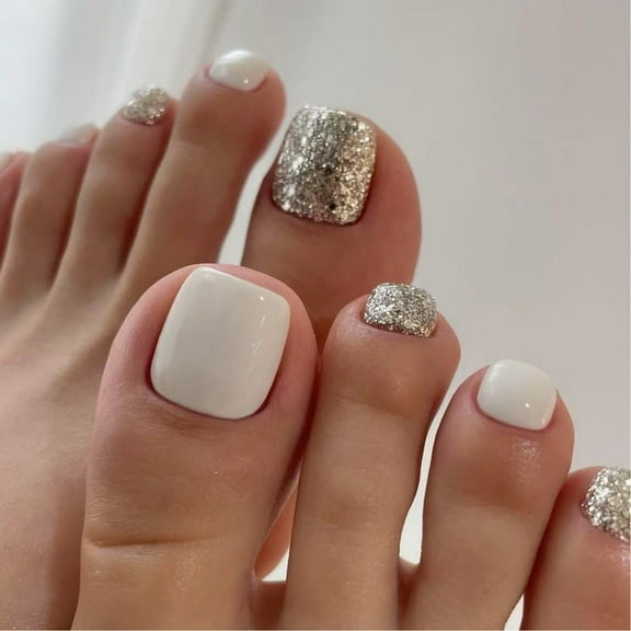Press on Toenails,Spring Summers Glues on Toe Nails,24pcs Reusable UVS Finish Fake Nails Acrylic False Nails for Womens