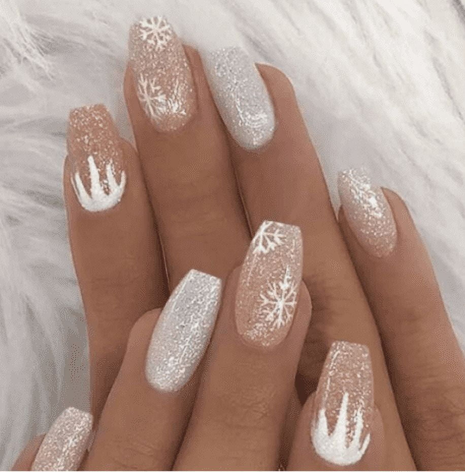 Press on White Snowflake Coffin Christmas False Full Cover Acrylic Nails for Women and Teen Girls
