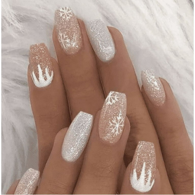 LICILICI Press on White Snowflake Coffin Fake Christmas False Full Cover Acrylic Nails for Women and Teen Girls, Size: Long