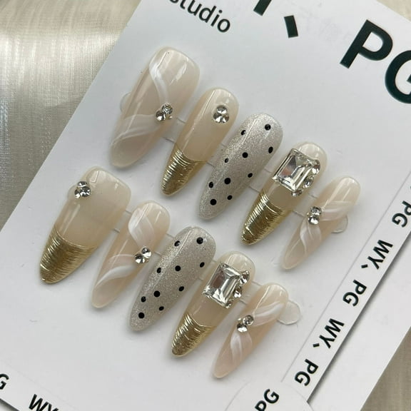 Press on nails fake Wearing armor handmade high-end nude magic mirror French streamer manicure cat eye polka dot removable fake nail wholesale