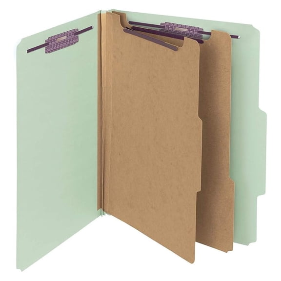 Pressboard Classification File Folder with Safe Shield Fasteners, 2 Dividers, 2" Expansion, Letter Size, Gray/Green, 10 per Box (14076)