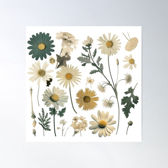 Pressed Daisies Poster Wall Art, Modern Wall Decor For Living Room Bedroom, 17x17 UNFRAMED