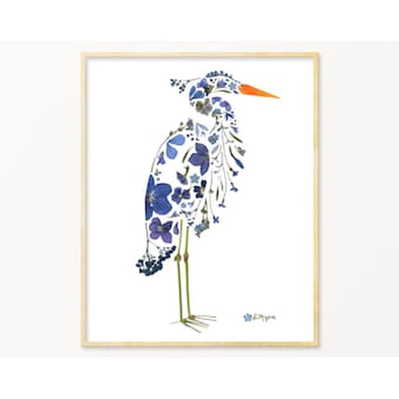 Pressed Flower Blue Heron Poster, Poster Only