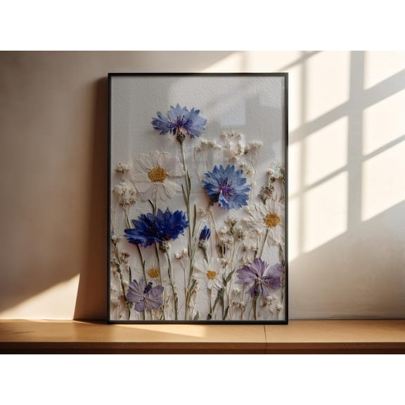 Pressed Flower Print Wildflower Wall Art Blue Daisy Cottagecore Decor, Unframed Paper Print