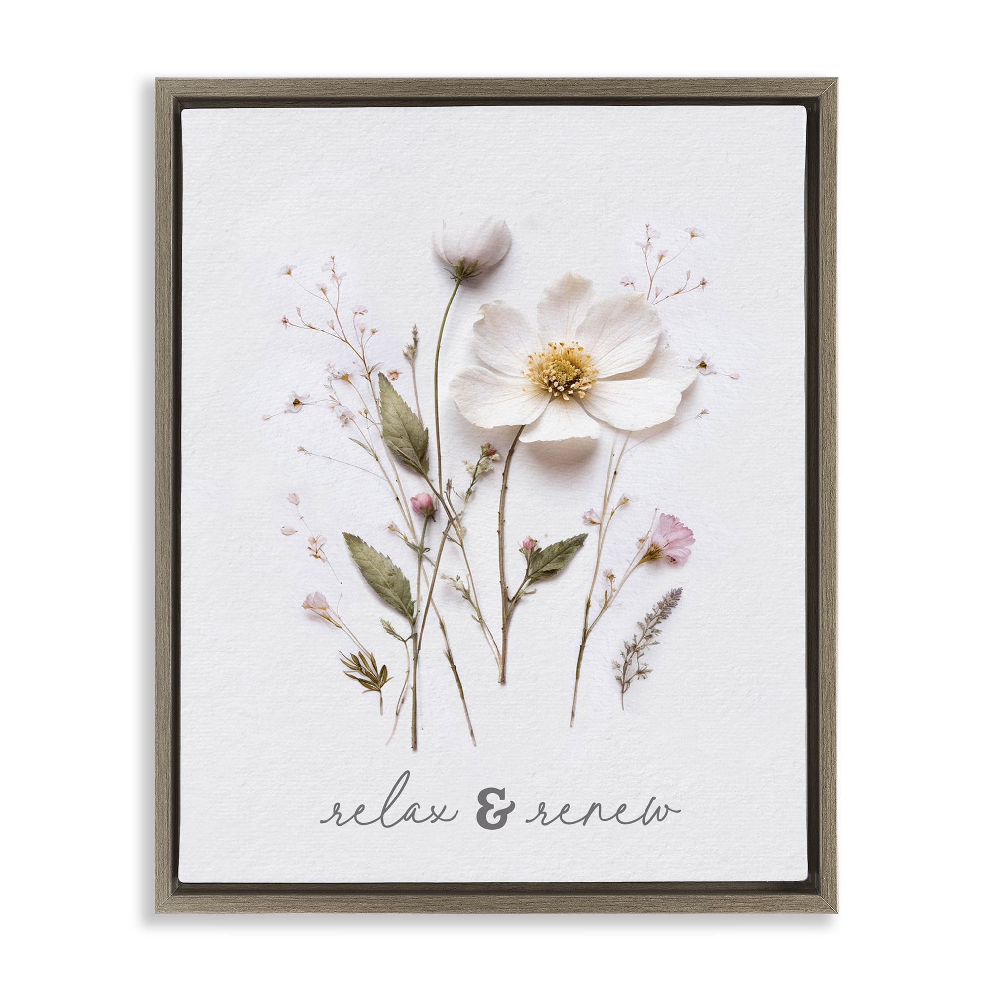 Pressed Flower Relax & Renew Brown Framed Floater Canvas Wall Art, design by Lettered and Lined