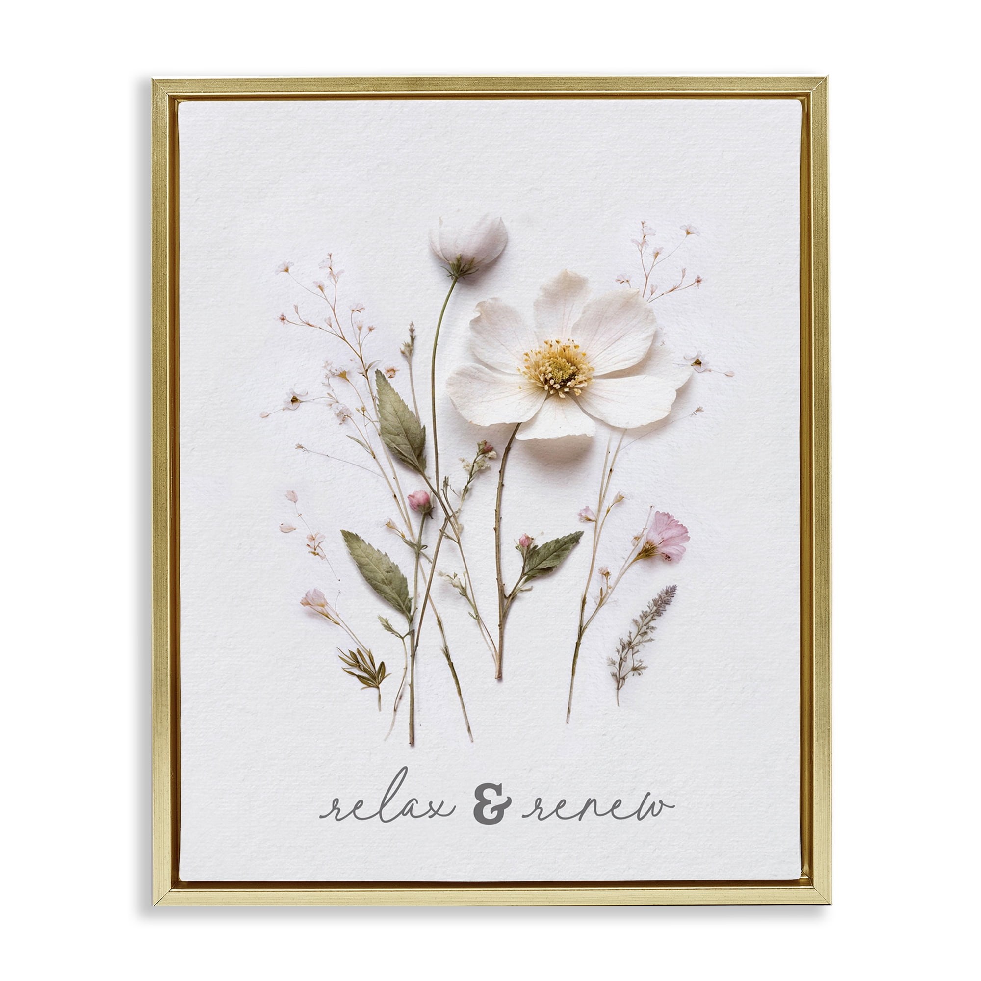 Pressed Flower Relax & Renew Gold Framed Floater Canvas Wall Art, design by Lettered and Lined