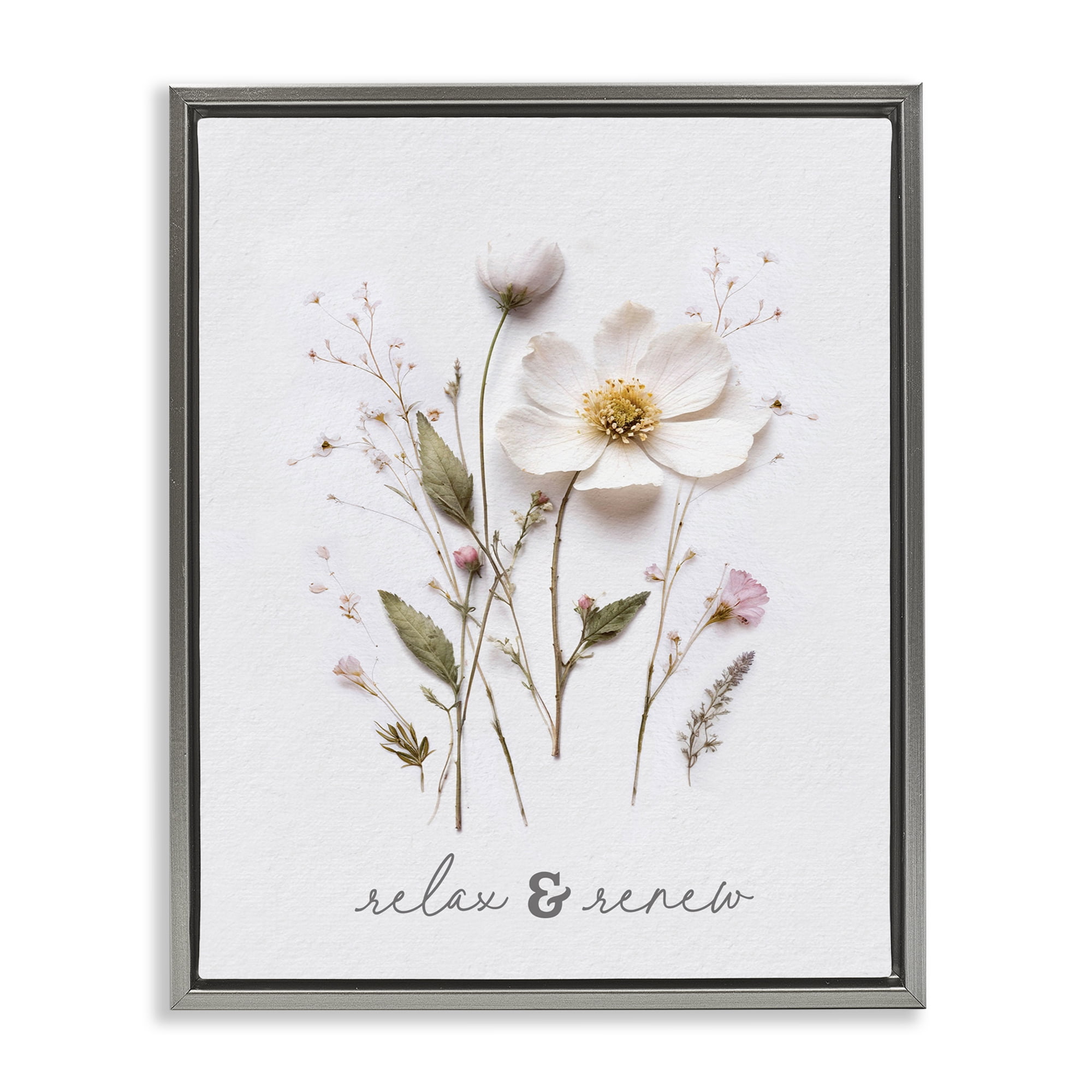 Pressed Flower Relax & Renew Gray Framed Floater Canvas Wall Art, design by Lettered and Lined
