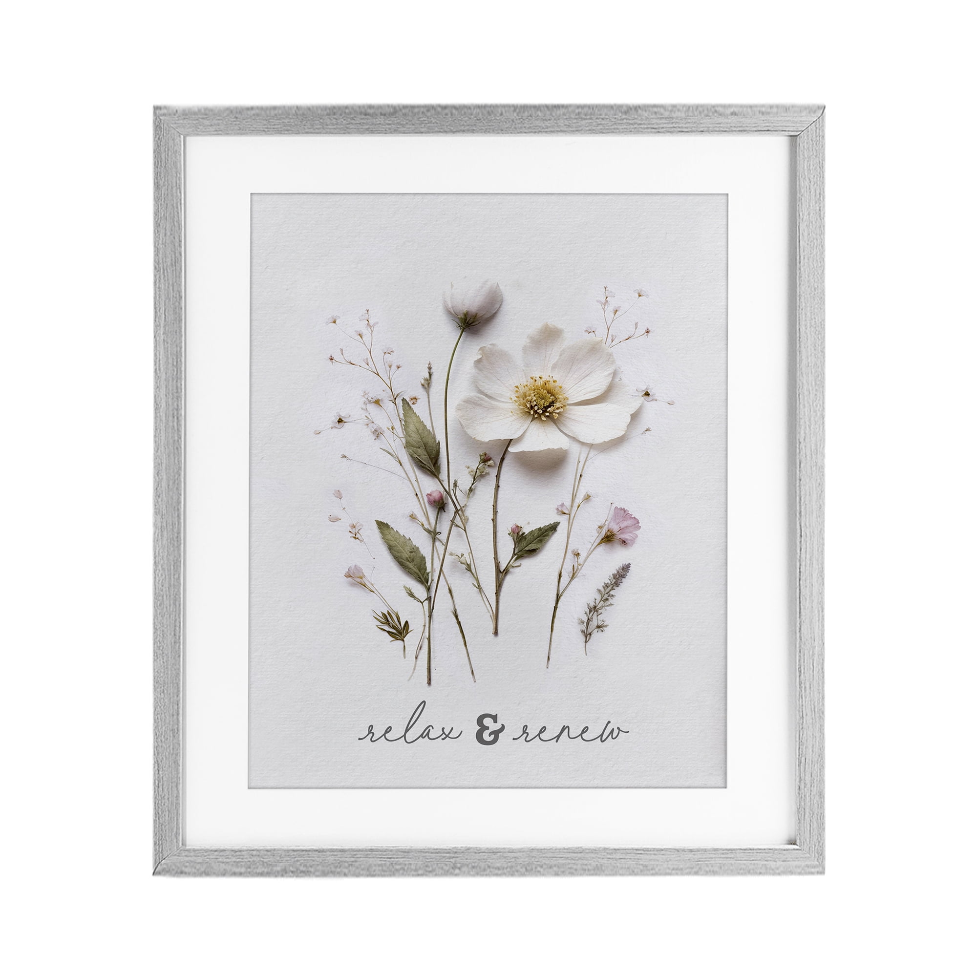 Pressed Flower Relax & Renew Gray Framed Print Under Glass, design by Lettered and Lined