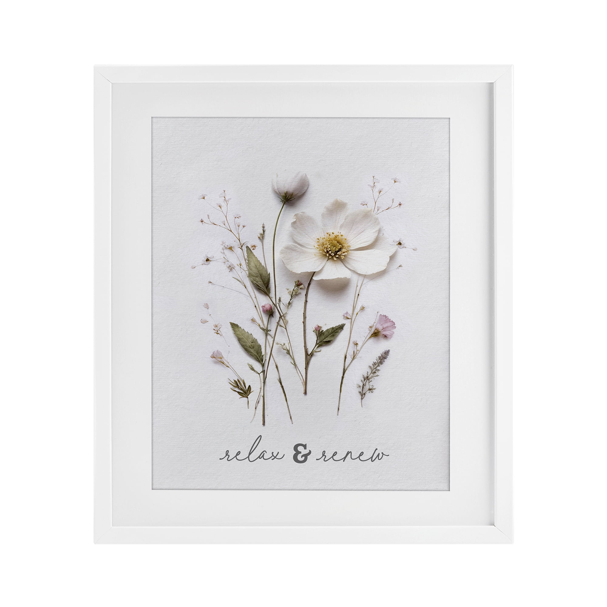 Pressed Flower Relax & Renew White Framed Print Under Glass, design by Lettered and Lined