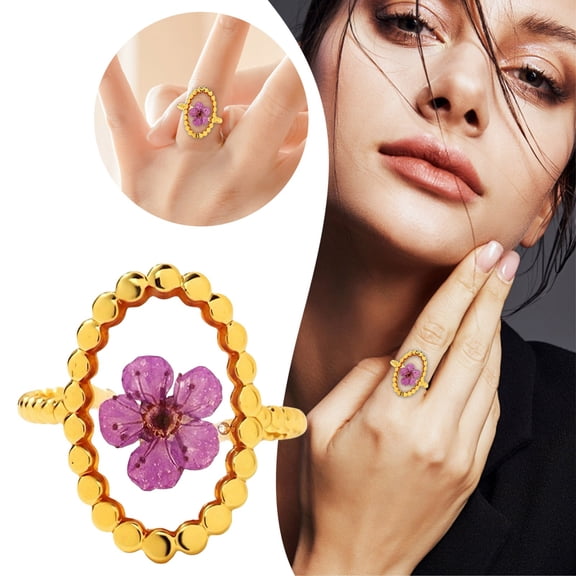 Pressed Flower Statement Ring for Women - Gold Plated Stainless Steel Adjustable Open Band, Handmade Floral Resin Ring for Wedding Stacking Holiday Birthday Gift