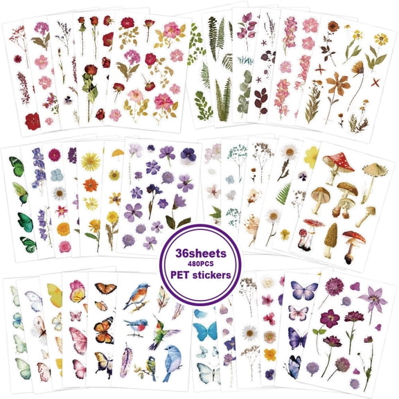 Pressed Flower Stickers Set, 486 Pieces Across 36 Sheets, Botanical Journaling Decals for Scrapbooking and Crafting