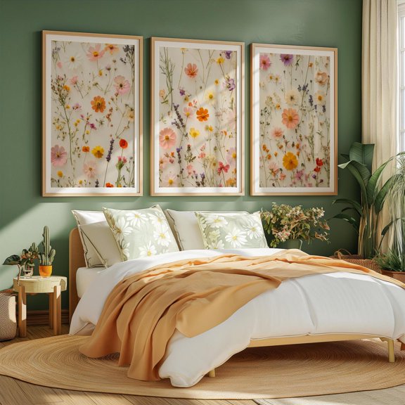 Pressed Flower Triptych Wall Art Set Print With Flower Market Botanical And Apartment Decor