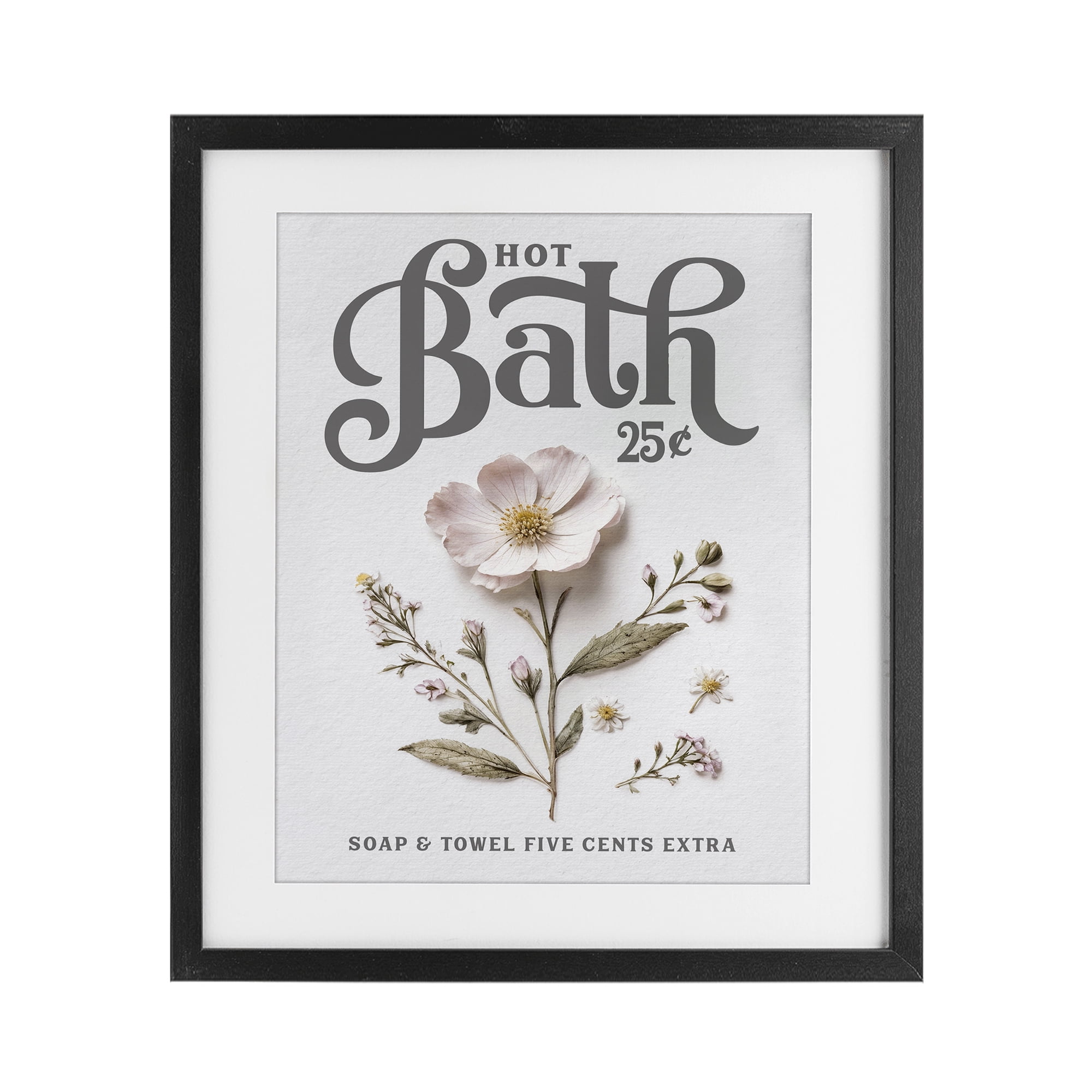 Pressed Flower Vintage Bath Black Framed Print Under Glass, design by Lettered and Lined
