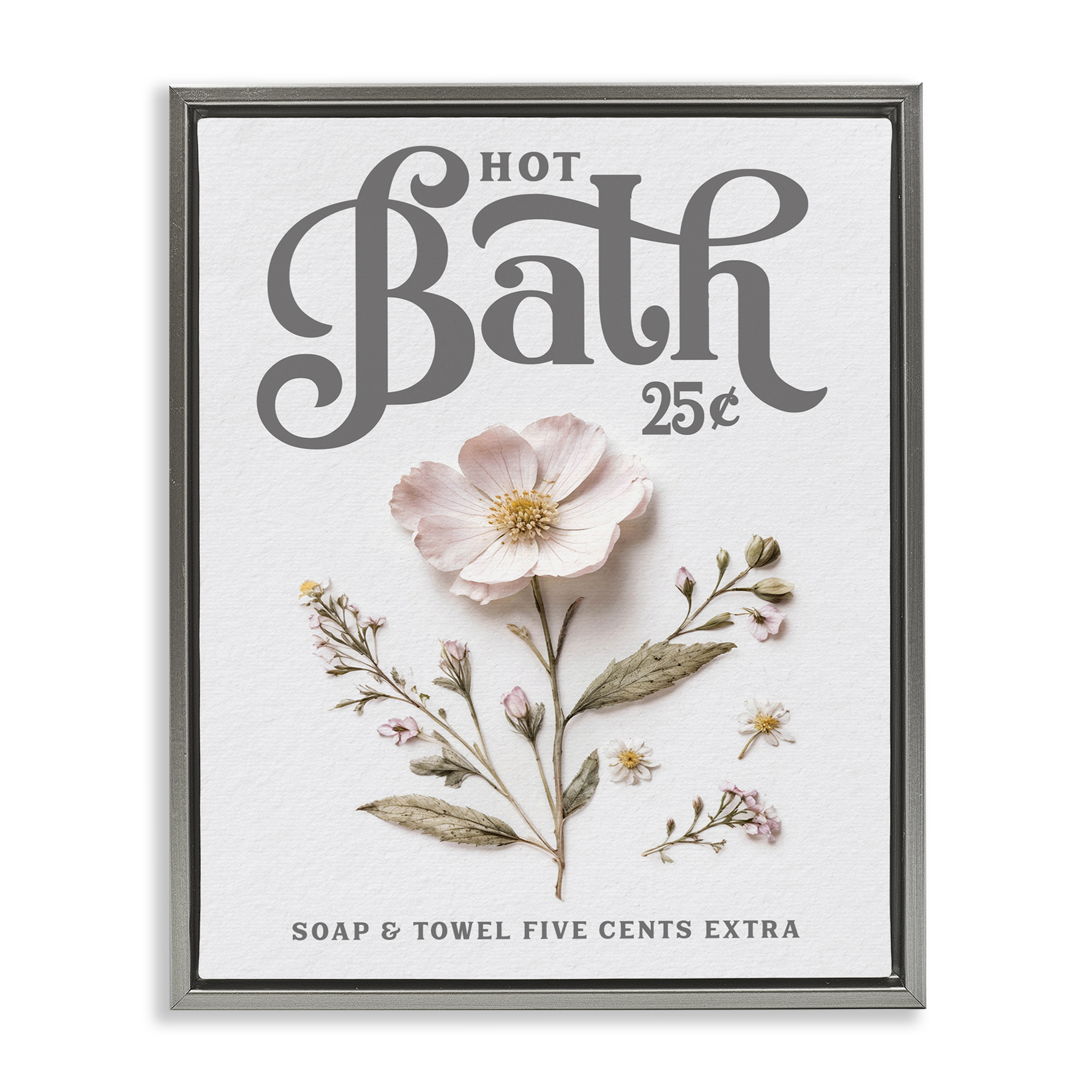 Pressed Flower Vintage Bath Gray Framed Floater Canvas Wall Art, design by Lettered and Lined
