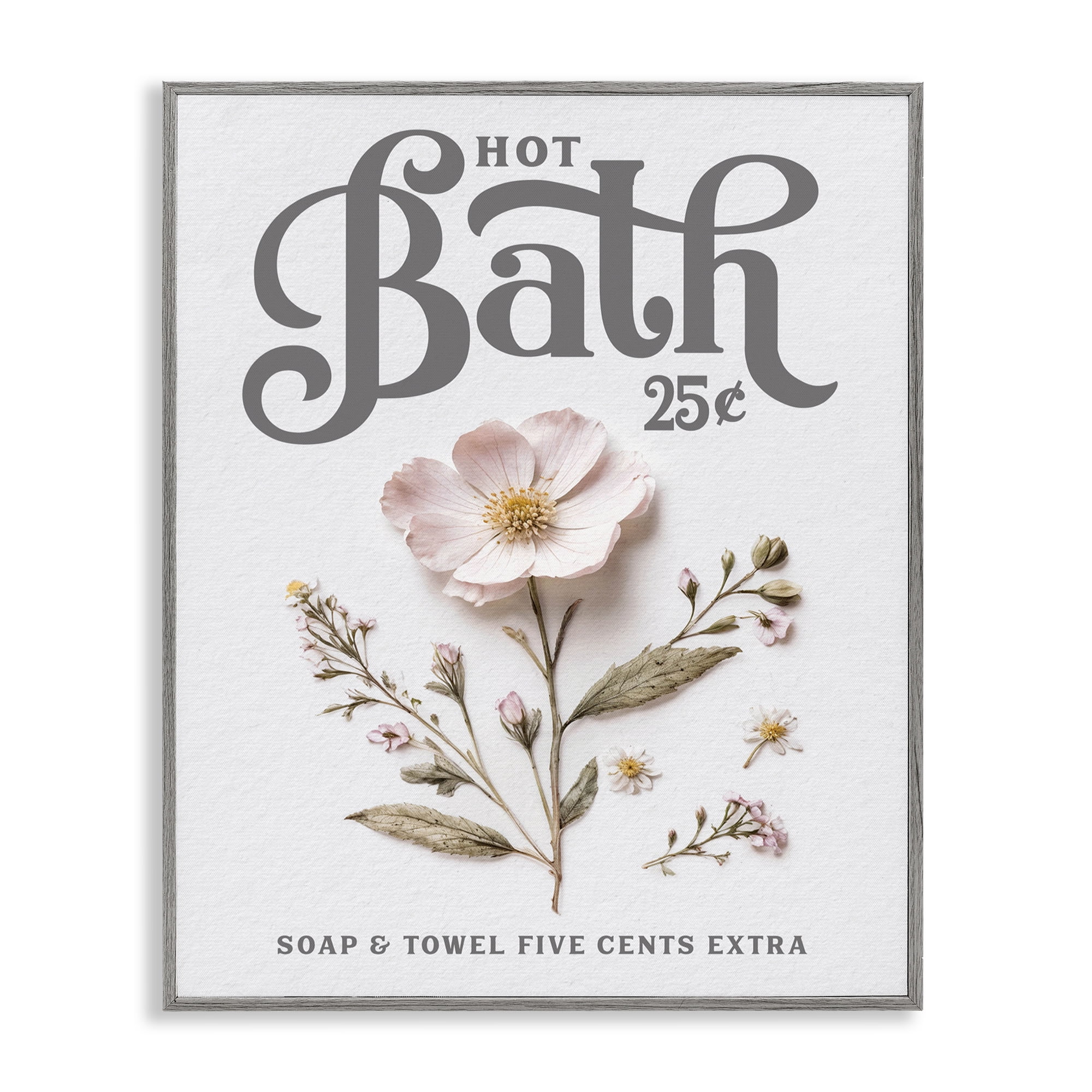 Pressed Flower Vintage Bath Gray Framed Giclee Art, design by Lettered and Lined