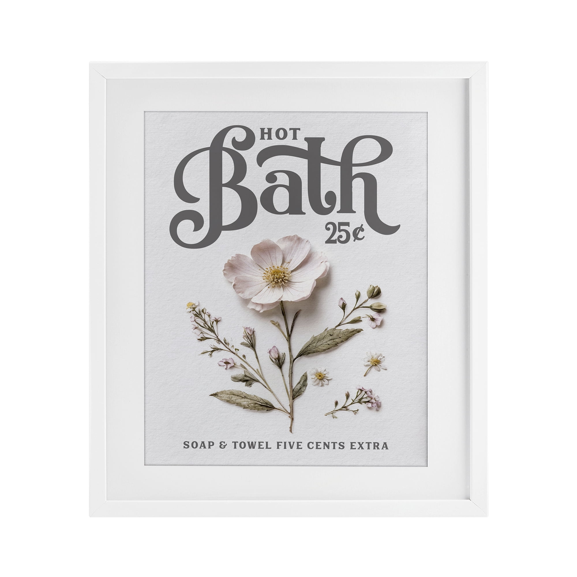 Pressed Flower Vintage Bath White Framed Print Under Glass, design by Lettered and Lined