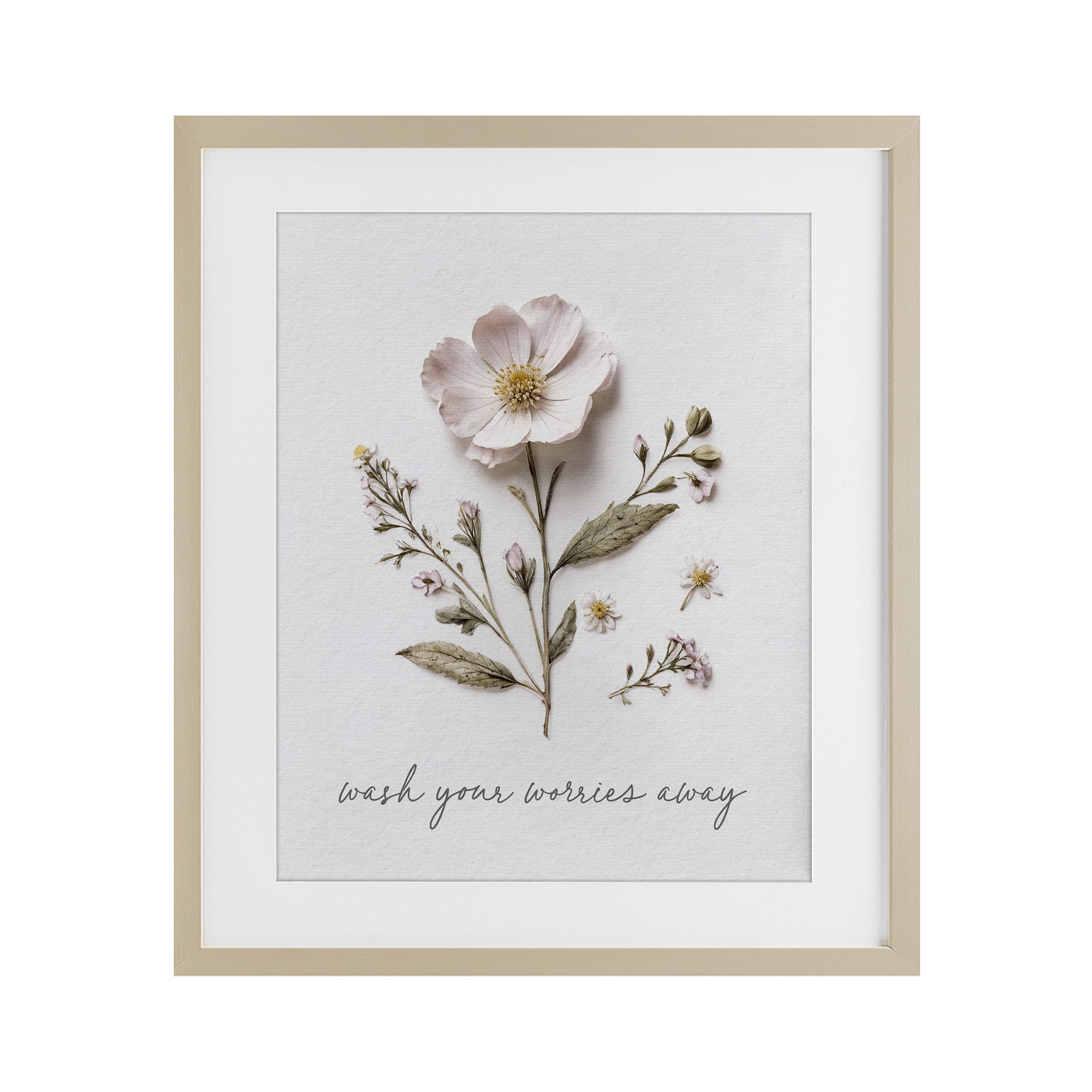 Pressed Flower Wash Worries Away Birch Framed Print Under Glass, design by Lettered and Lined