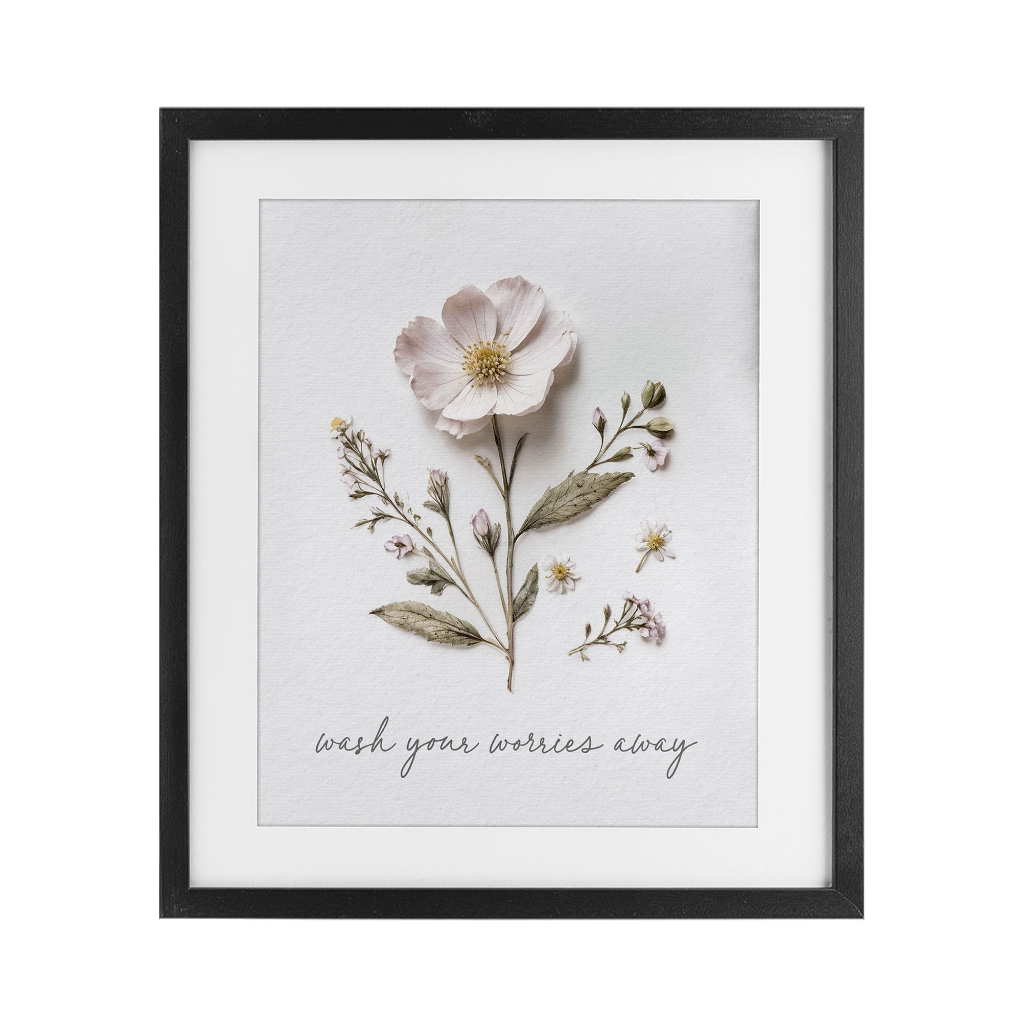Pressed Flower Wash Worries Away Black Framed Print Under Glass, design by Lettered and Lined