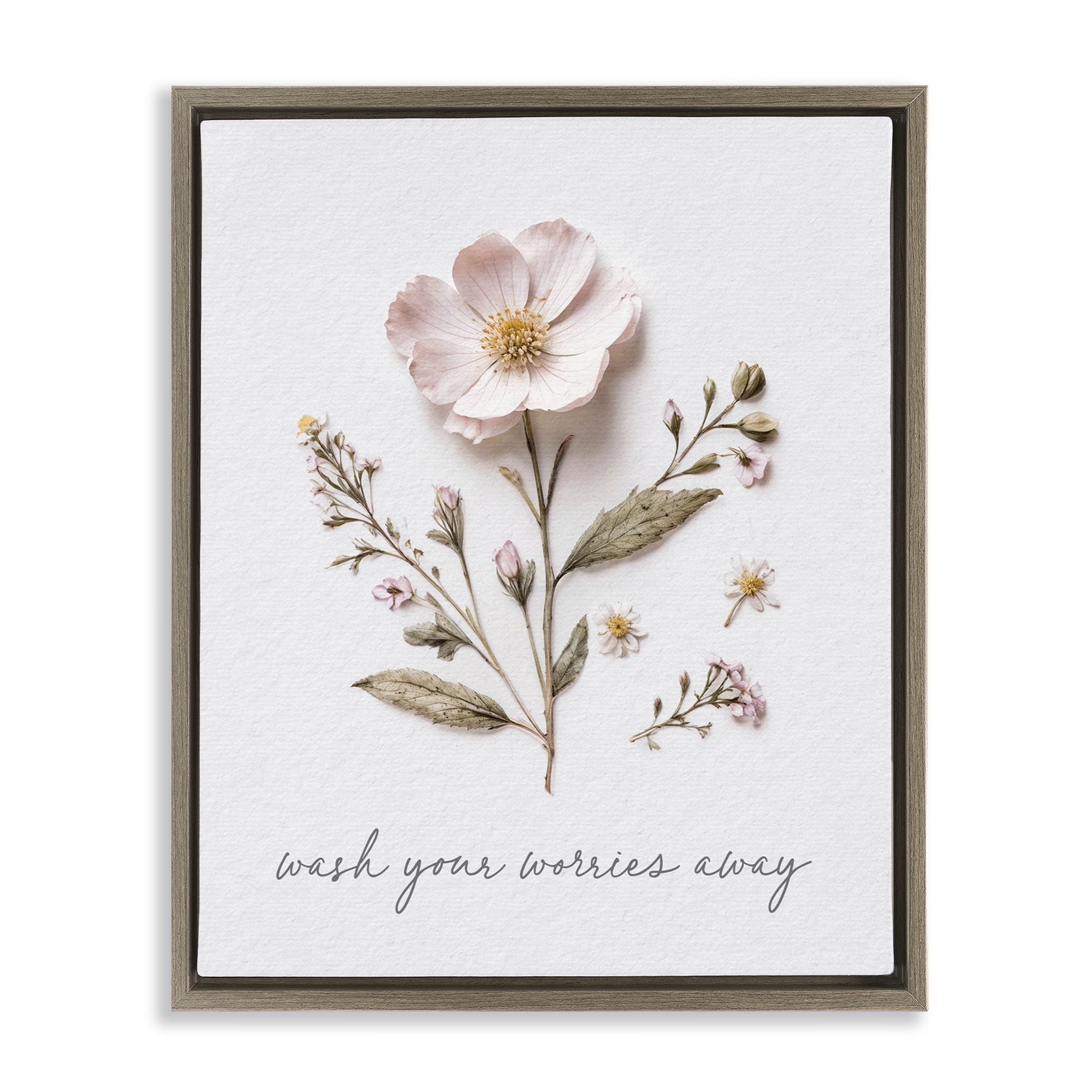 Pressed Flower Wash Worries Away Brown Framed Floater Canvas Wall Art, design by Lettered and Lined