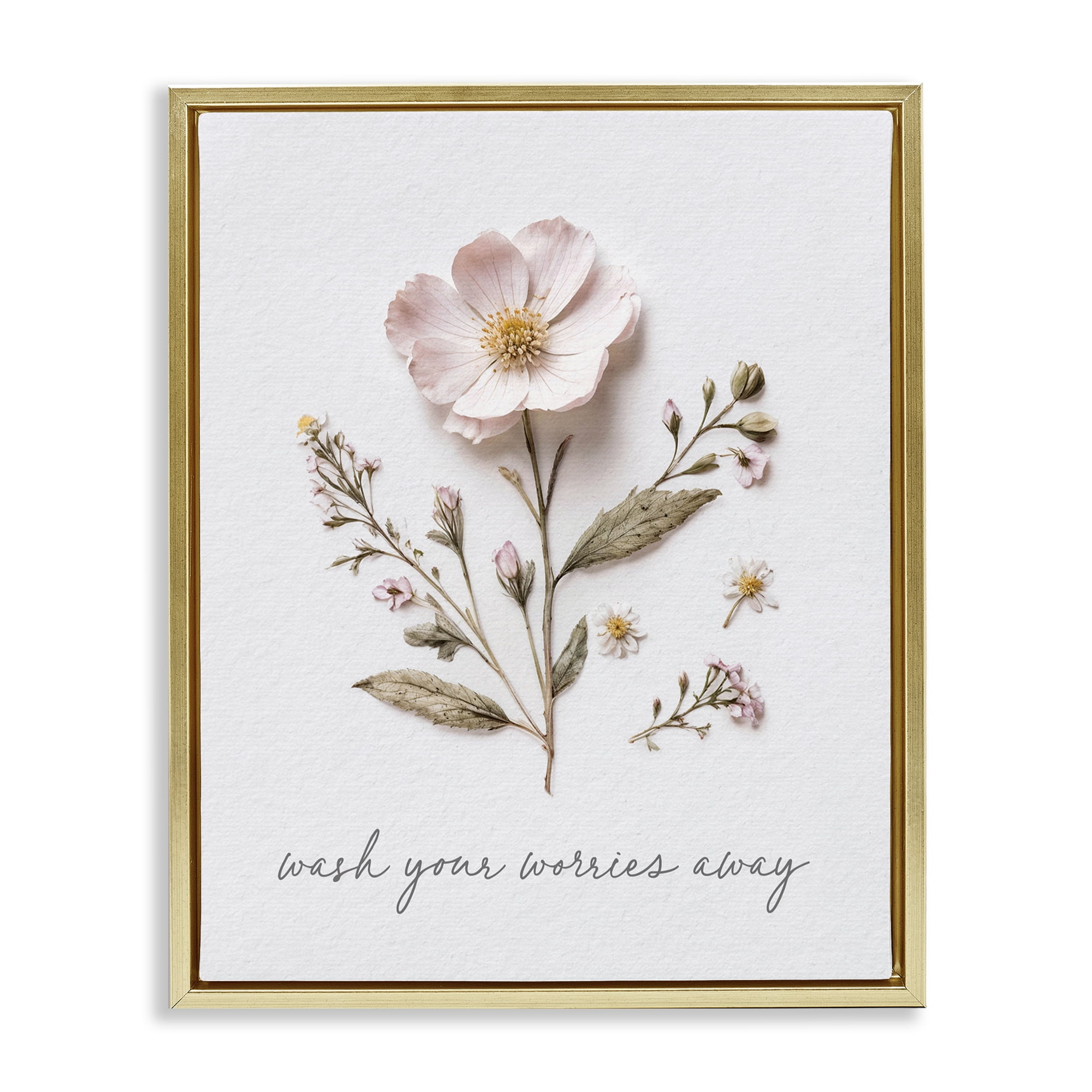 Pressed Flower Wash Worries Away Gold Framed Floater Canvas Wall Art, design by Lettered and Lined