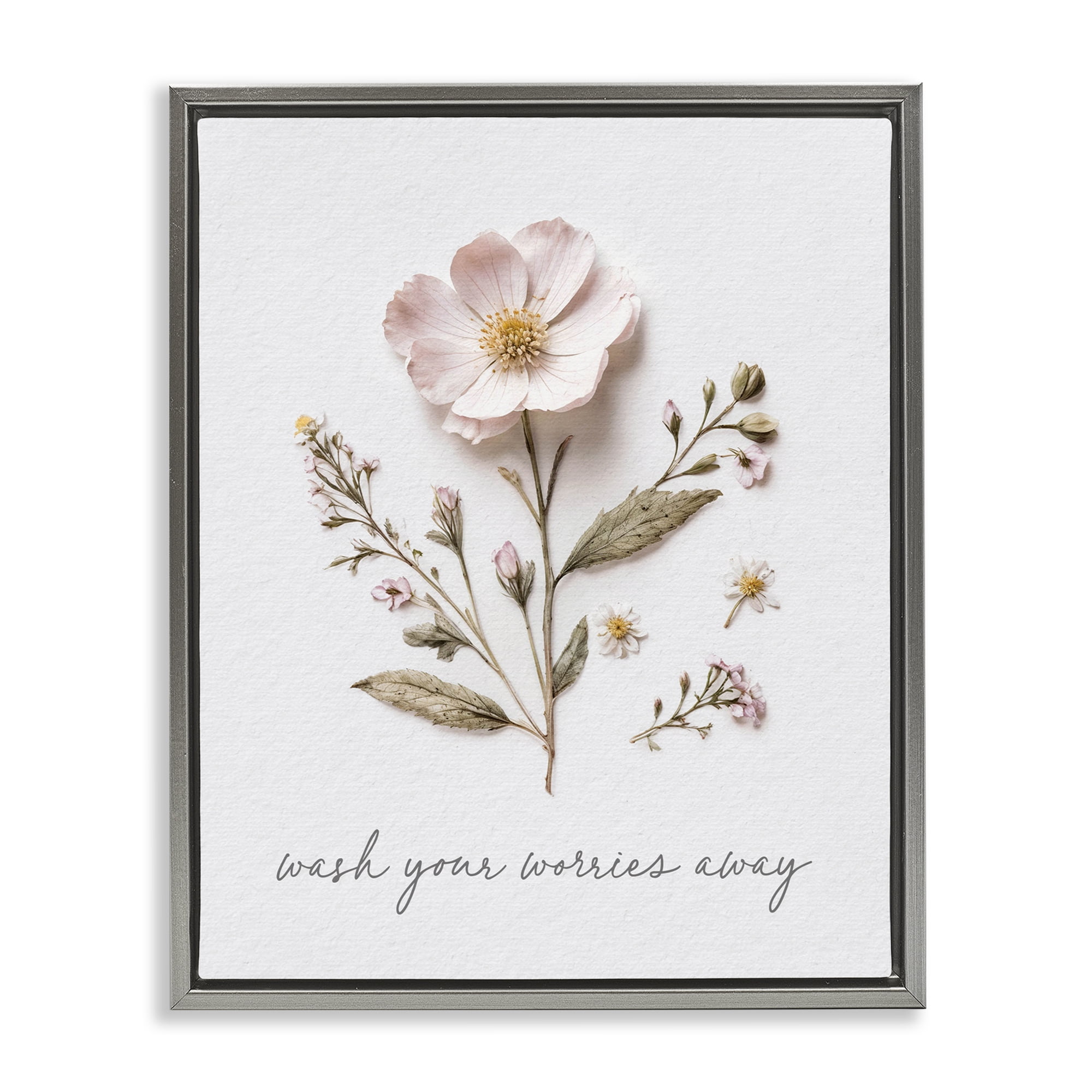 Pressed Flower Wash Worries Away Gray Framed Floater Canvas Wall Art, design by Lettered and Lined