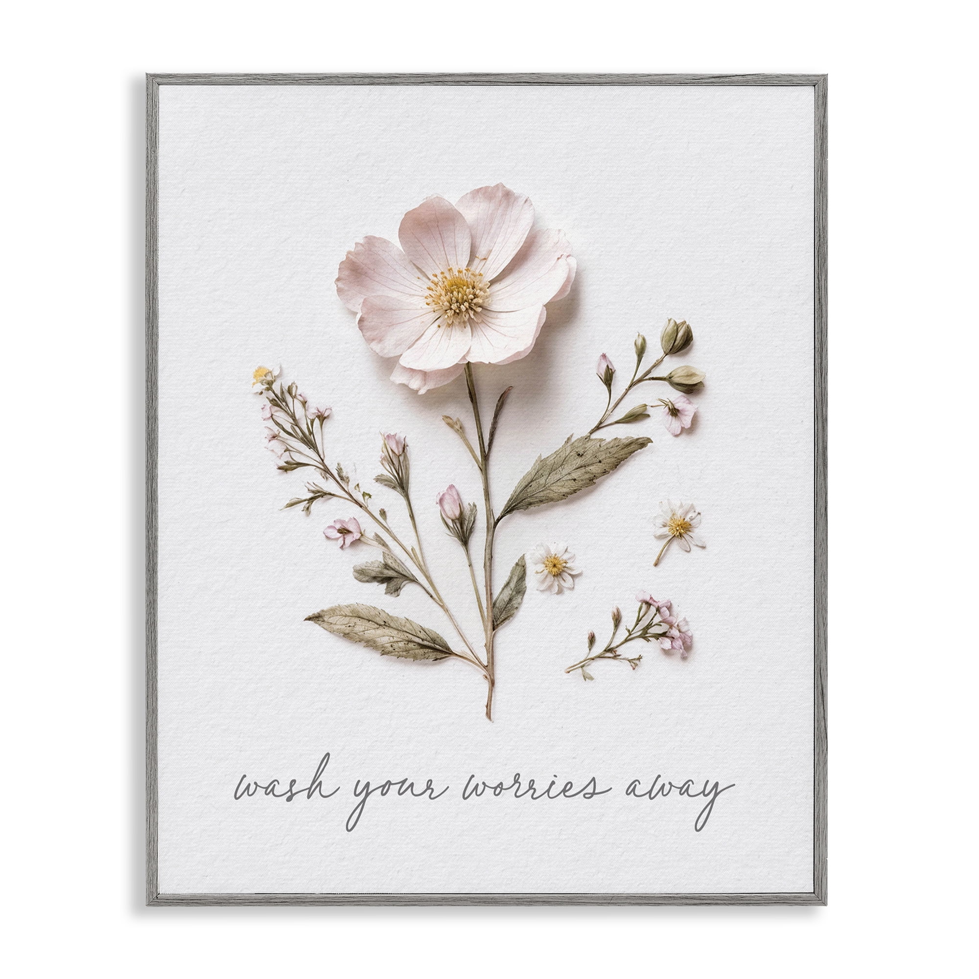 Pressed Flower Wash Worries Away Gray Framed Giclee Art, design by Lettered and Lined