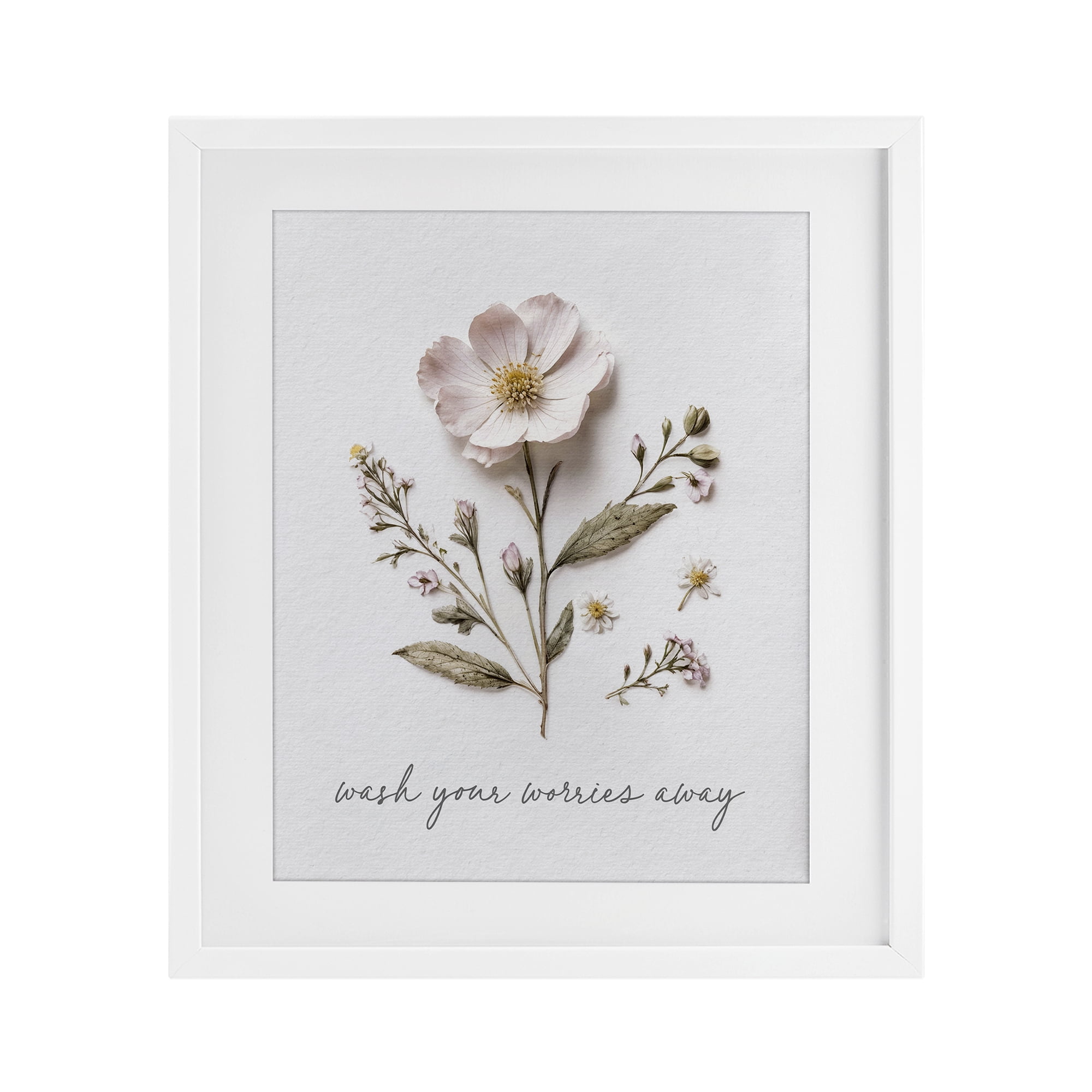 Pressed Flower Wash Worries Away White Framed Print Under Glass, design by Lettered and Lined