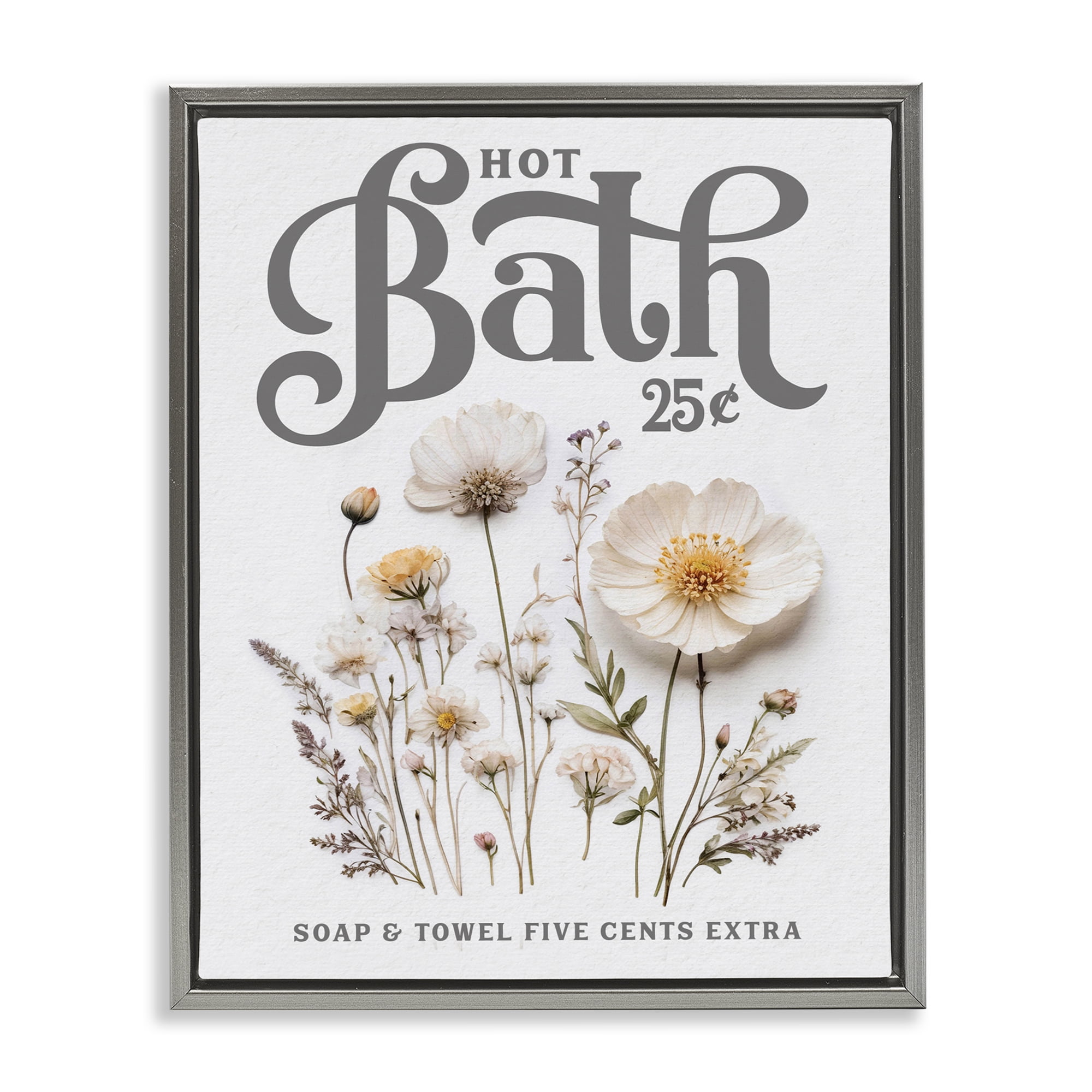 Pressed Flowers Hot Bath Gray Framed Floater Canvas Wall Art, design by Lettered and Lined