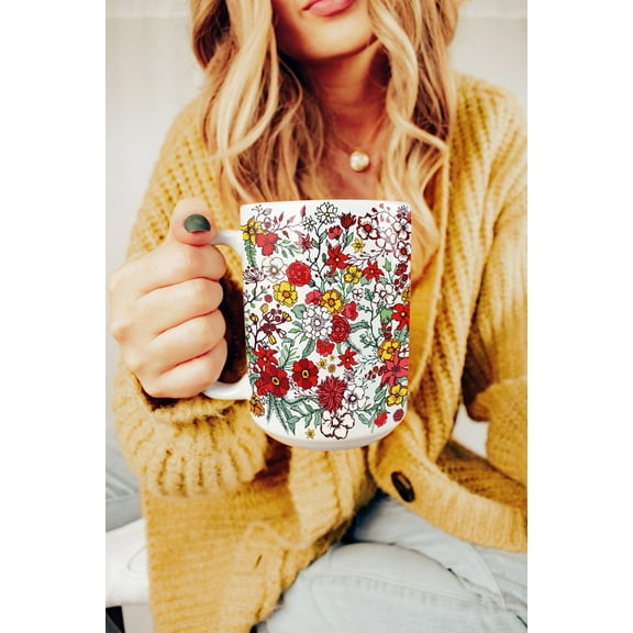 Pressed Flowers Mug Boho Abstract Roses Cottagecore Coffee Mug Vintage Botanical Tea Cup Gift Floral Nature Mug Flower Garden Lover Gift, Ceramic Mug 15Oz
