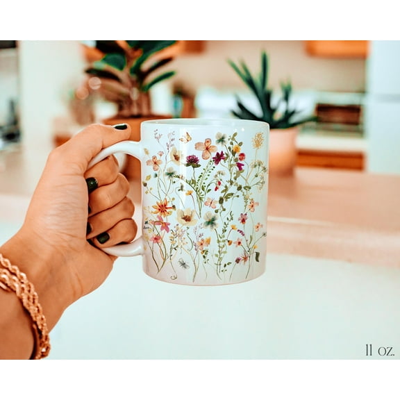 Pressed Flowers Mug, Boho Wildflowers Cottagecore Coffee Mug, Vintage Botanical Tea Cup, Pastel Floral Nature Mug, Flower Garden Lover Gift, Ceramic Mug 15Oz