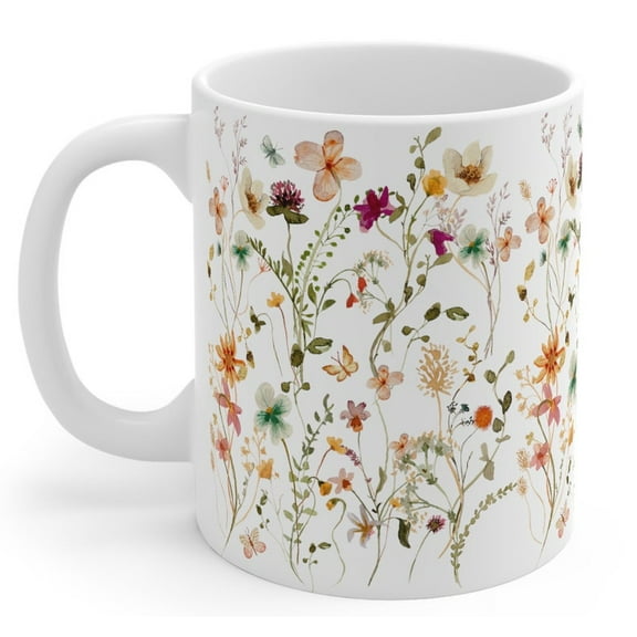 Pressed Flowers Mug, Boho Wildflowers Cottagecore Coffee Mug, Vintage Botanical Tea Cup, Pastel Floral Nature Mug, Flower Garden Lover Gift