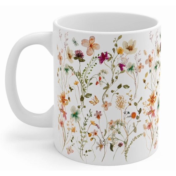 Pressed Flowers Mug, Boho Wildflowers Cottagecore Coffee Mug, Vintage Botanical Tea Cup, Pastel Floral Nature Mug, Flower Garden Lover Gift
