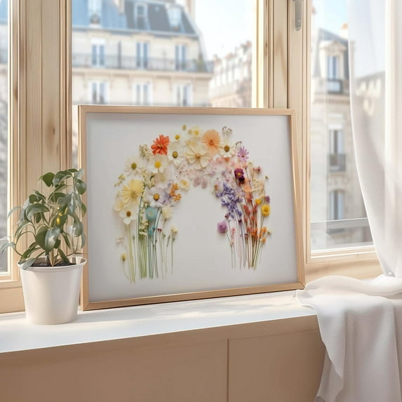 Pressed Flowers Rainbow Poster: Boho Wildflower Wall Art, Unframed Canvas Size 8x12