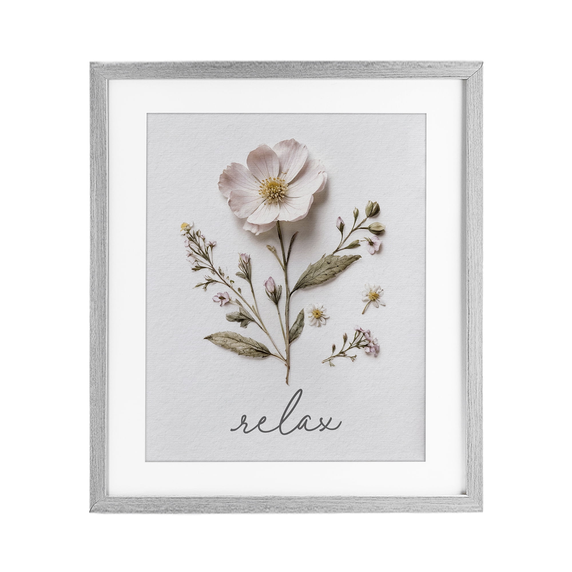 Pressed Flowers Relax Gray Framed Print Under Glass, design by Lettered and Lined