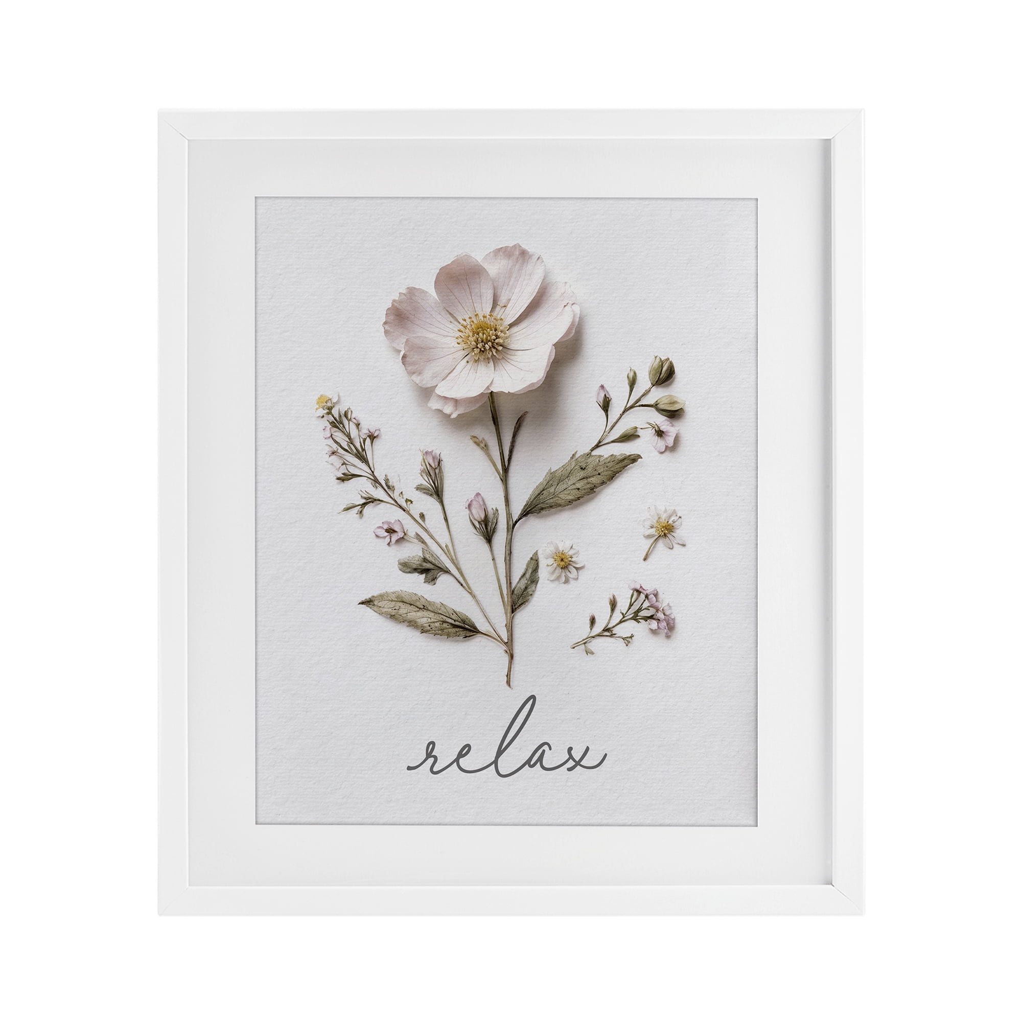 Pressed Flowers Relax White Framed Print Under Glass, design by Lettered and Lined