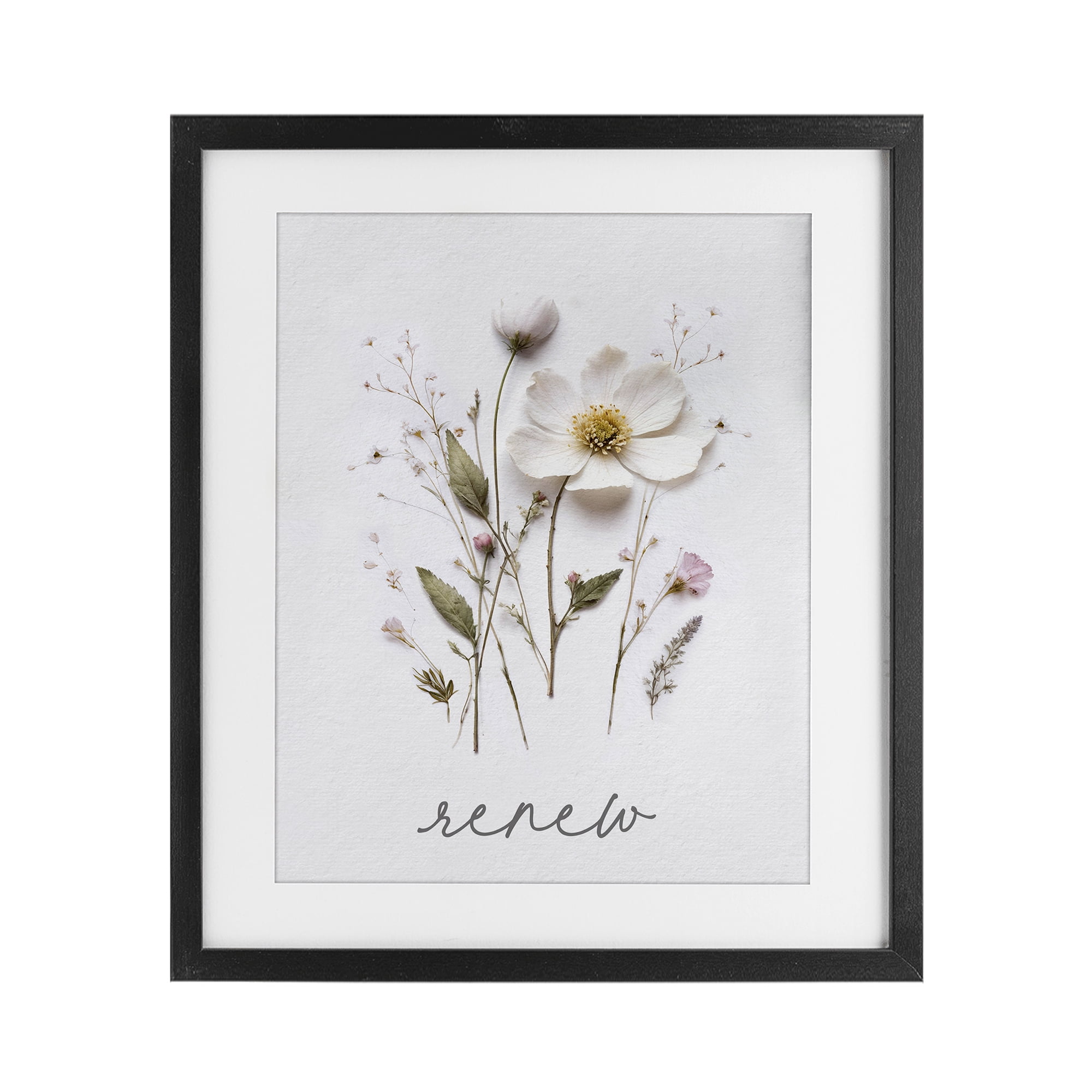 Pressed Flowers Renew Black Framed Print Under Glass, design by Lettered and Lined