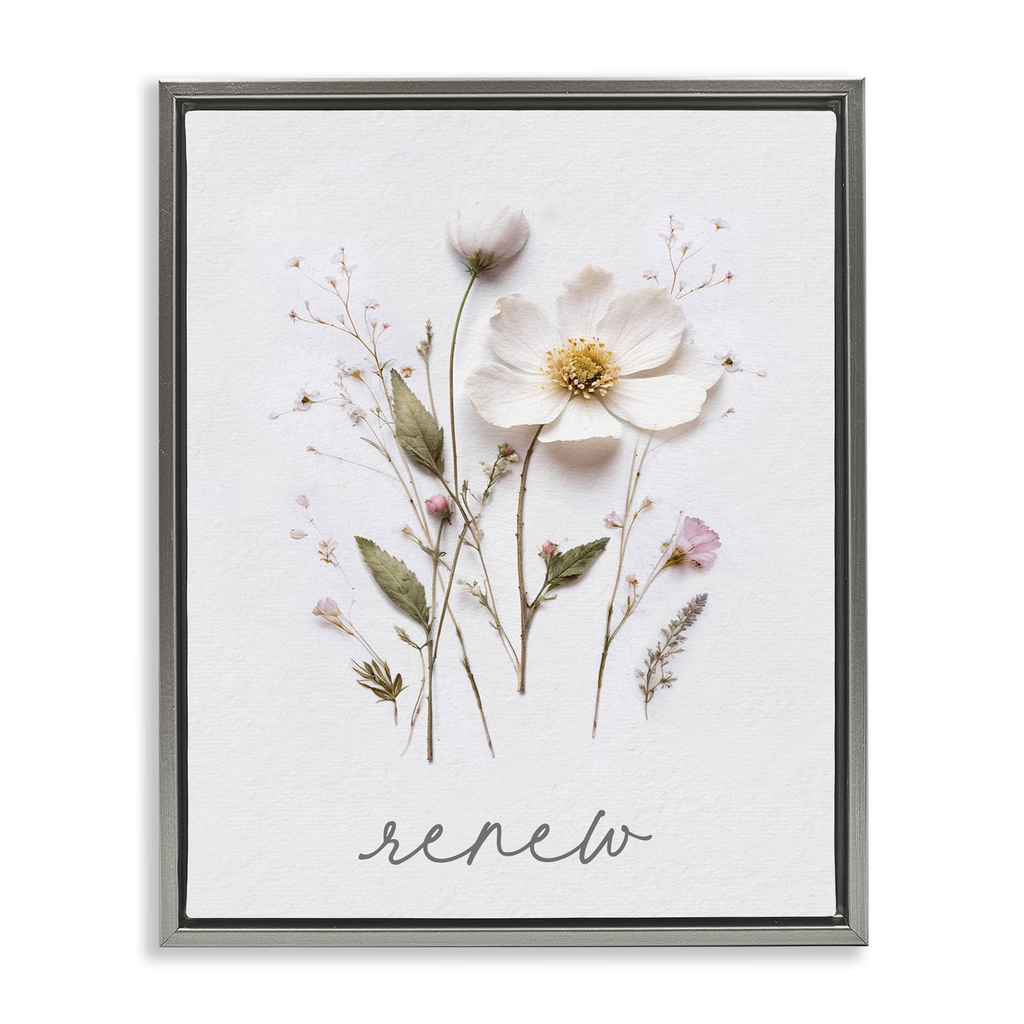 Pressed Flowers Renew Gray Framed Floater Canvas Wall Art, design by Lettered and Lined