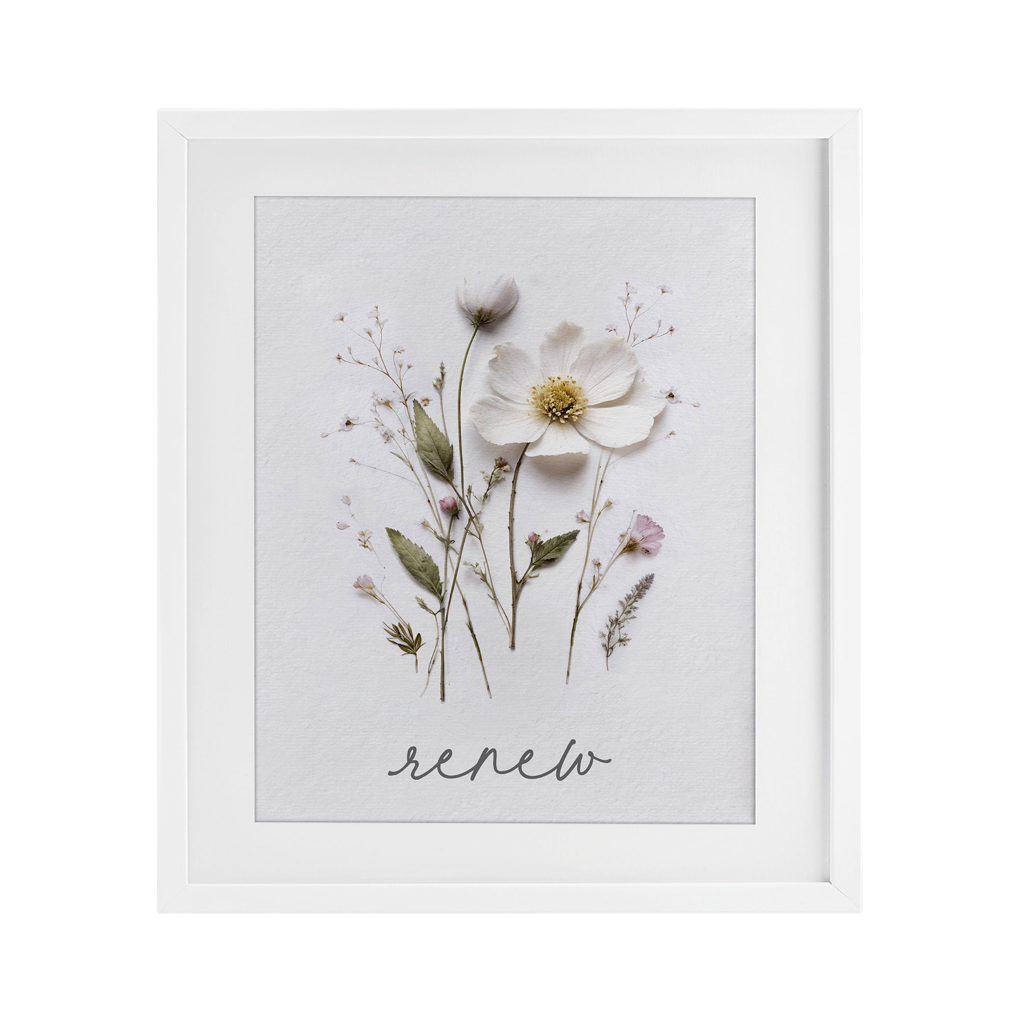 Pressed Flowers Renew White Framed Print Under Glass, design by Lettered and Lined