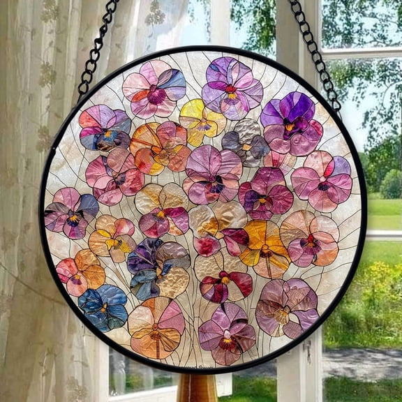 Pressed Flowers Suncatcher Stained Glass Window Hanging Handmade Stained Glass Suncatchers Metal Chain Outdoor Garden Decor Gift for Women Christmas Thanksgiving, Stained Glass