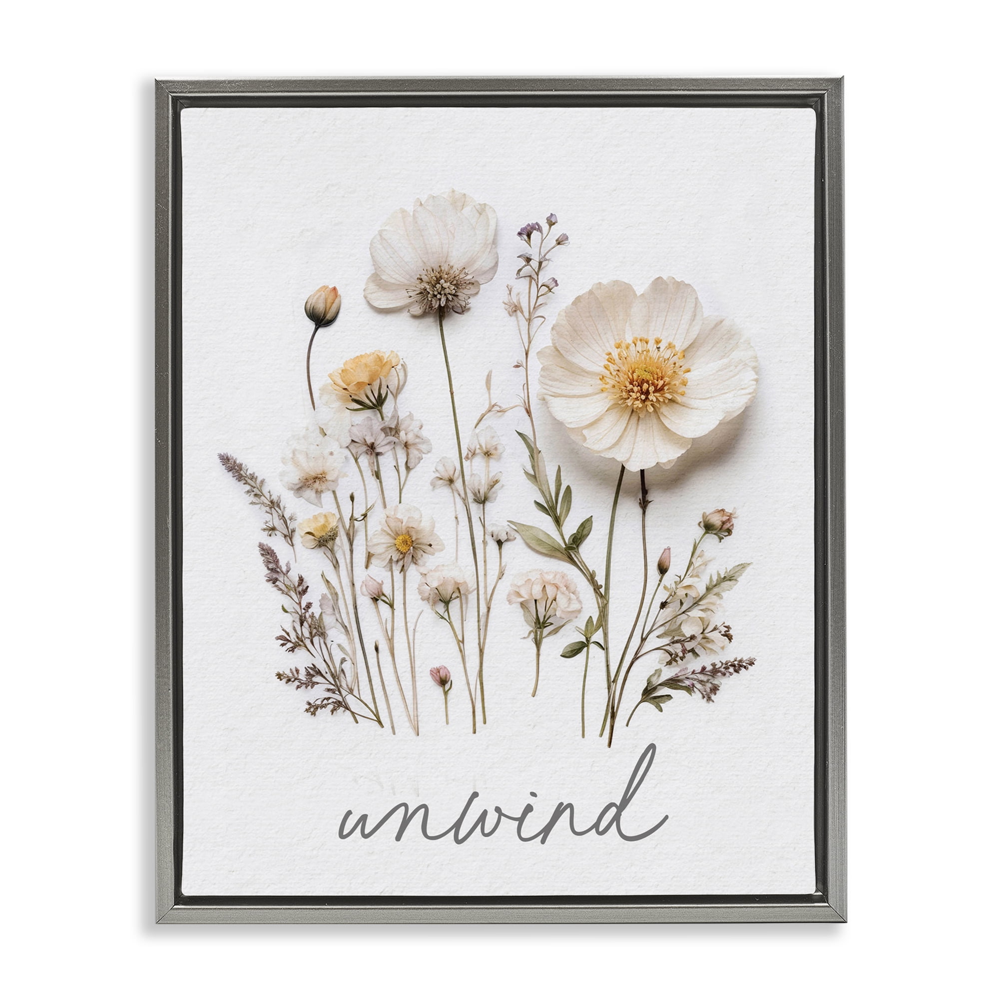 Pressed Flowers Unwind Gray Framed Floater Canvas Wall Art, design by Lettered and Lined