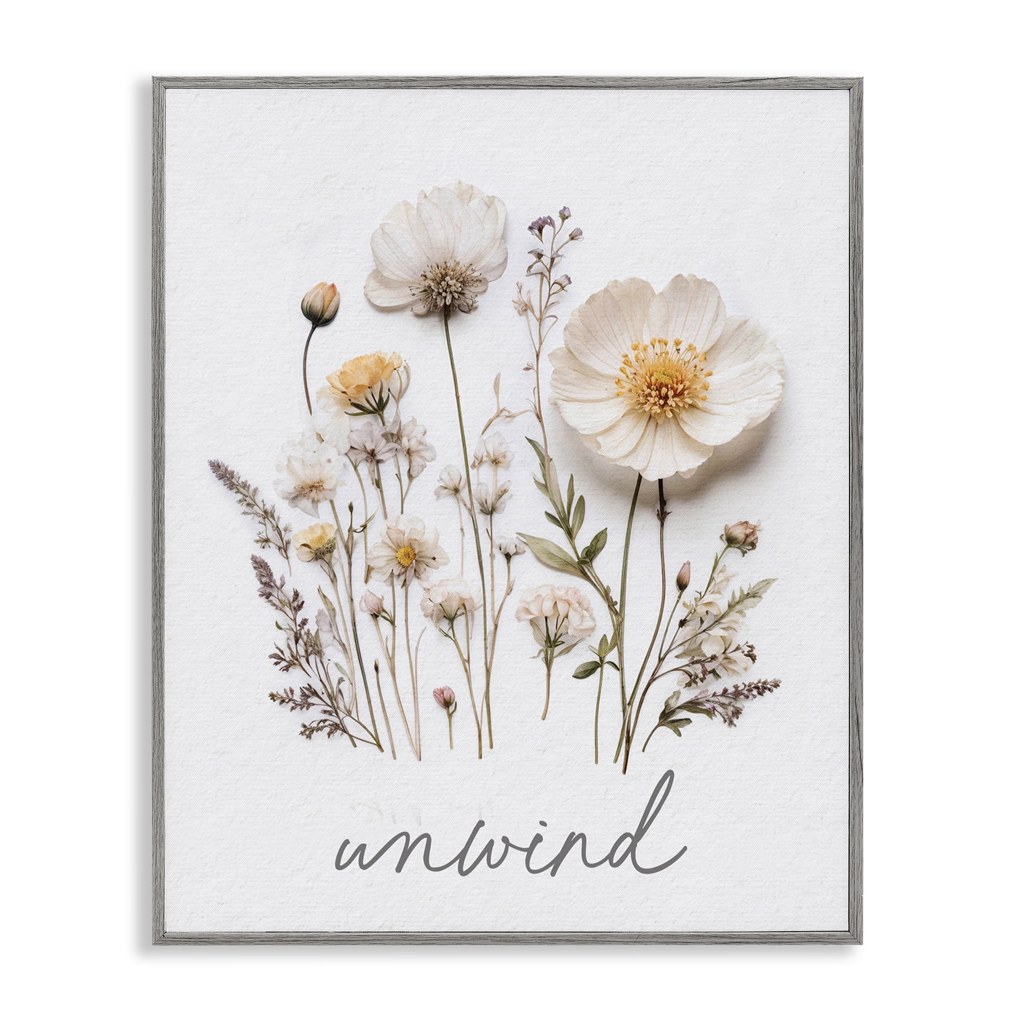 Pressed Flowers Unwind Gray Framed Giclee Art, design by Lettered and Lined