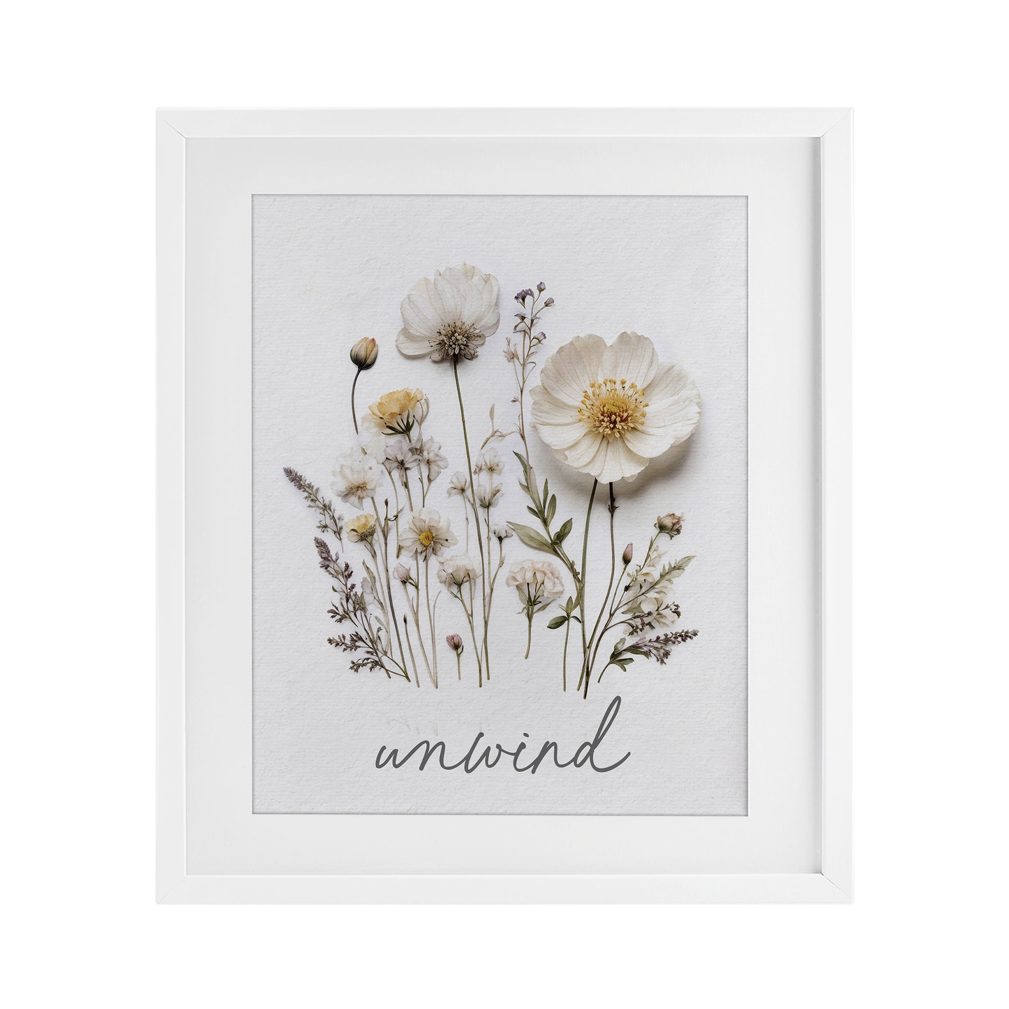 Pressed Flowers Unwind White Framed Print Under Glass, design by Lettered and Lined