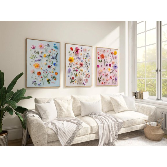Pressed Flowers Wall Art Colorful Botanical Prints Modern Floral Decoration Set 3 Unframed Paper Print 8x12