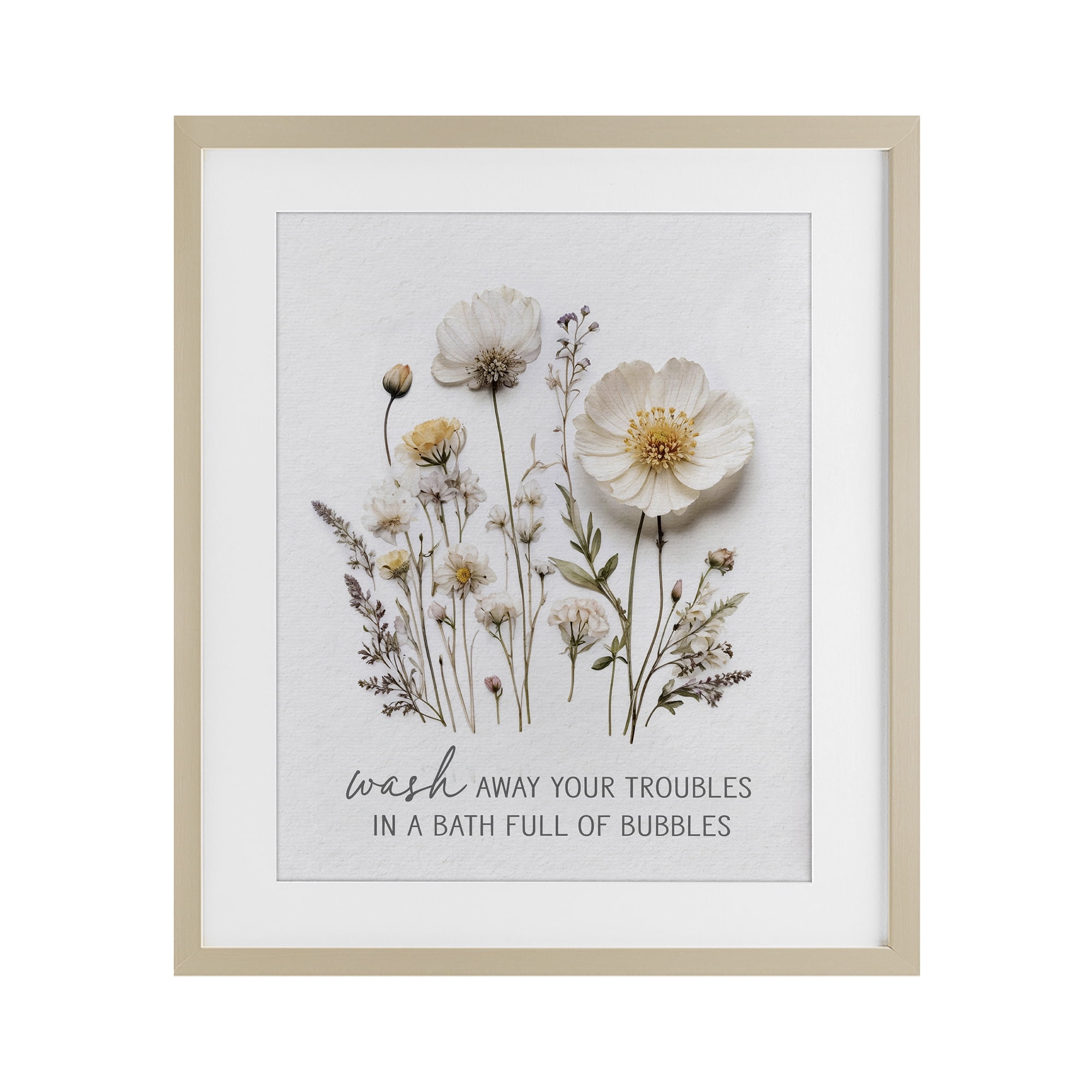 Pressed Flowers Wash Away Troubles Birch Framed Print Under Glass, design by Lettered and Lined