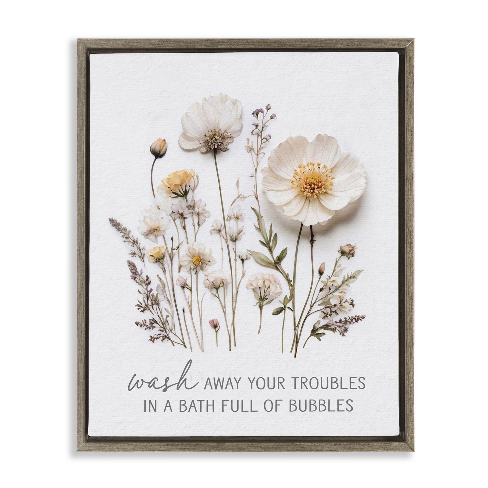 Pressed Flowers Wash Away Troubles Brown Framed Floater Canvas Wall Art, design by Lettered and Lined